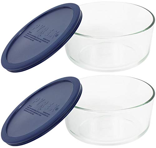 Pyrex 4-Cup Round Dish with Dark Blue Plastic Cover, Clear (Pack of 2)