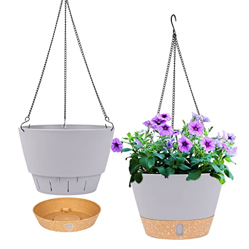 QCQHDU 2 Pack Hanging Planters Set,10 Inch Indoor Outdoor Hanging Plant Pot Basket,Hanging Flower Pot with Drainage Hole with 3 Hooks for Garden Home(Light Grey)