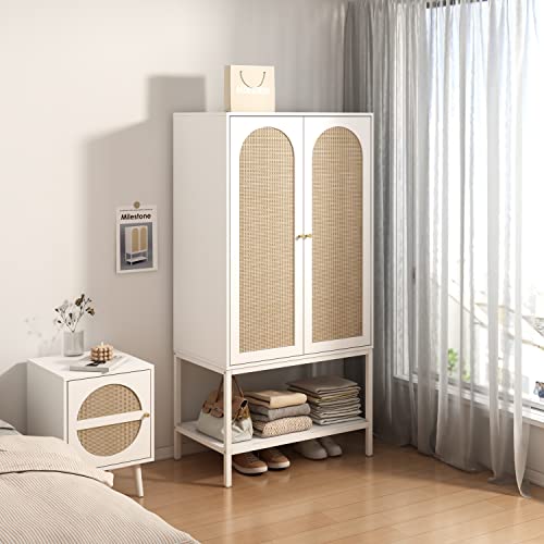 White Rattan Freestanding Wardrobe Cabinet with Storage Cubes & Hanging Rod