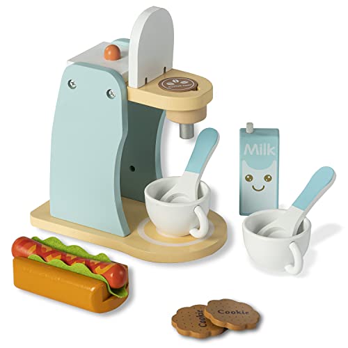 Kids Wooden Play Coffee Maker & Hotdog Set by QIUJUUN
