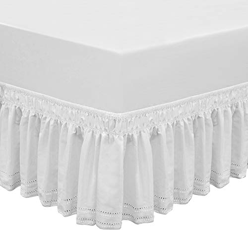 QSY Home Wrap Around Elastic Eyelet Bed Skirts 14 1/2 Inches Drop Dust Ruffle Three Fabric Sides Easy On/Easy Off Adjustable Polyester Cotton (White Twin/Full)