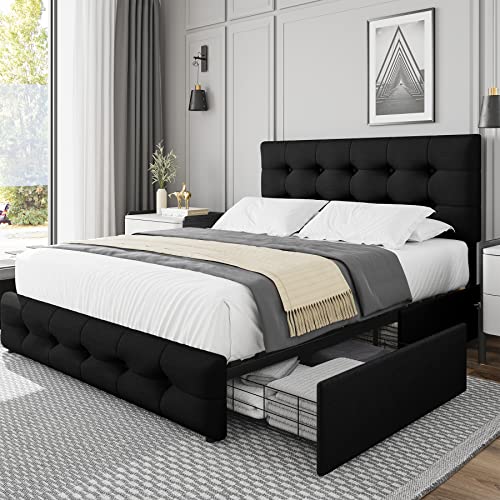 Queen Bed Frame with 4 Storage Drawers and Adjustable Headboard