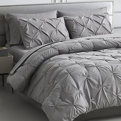 Queen Comforter Set - Grey Pinch Pleat Bed in A Bag