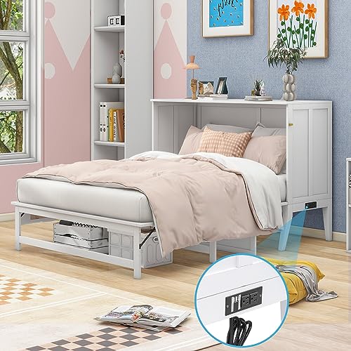 Queen Size Murphy Bed with Charging Station and Storage Shelf, Wood Queen Platform Bed Frame with usb Port, Queen Murphy Bed for Bedroom, No Box Spring Needed, Noise Free (White)