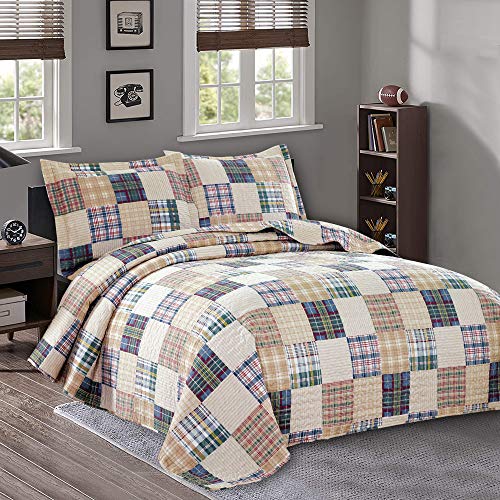 Queen Size Plaid Bedspread Quilt Set