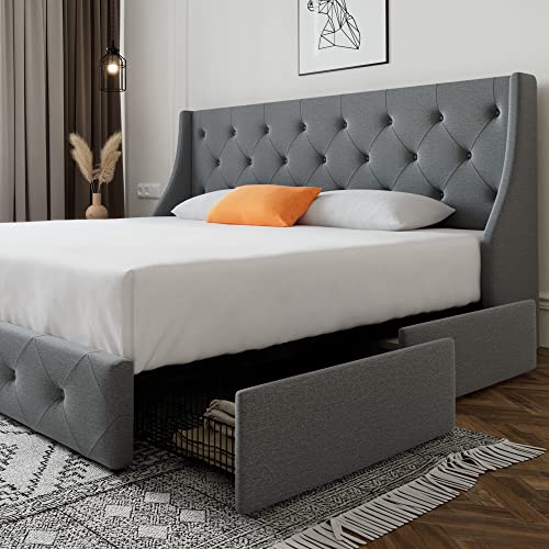 Queen Size Platform Bed Frame with 4 Storage Drawers and Wingback Headboard