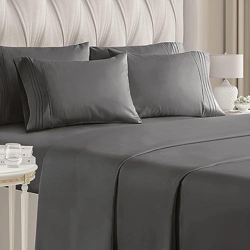 DREAMCARE - Bed Sheets Set - Queen Size Sheet with Side Pocket - 4pcs Set,  15 inches, Gray