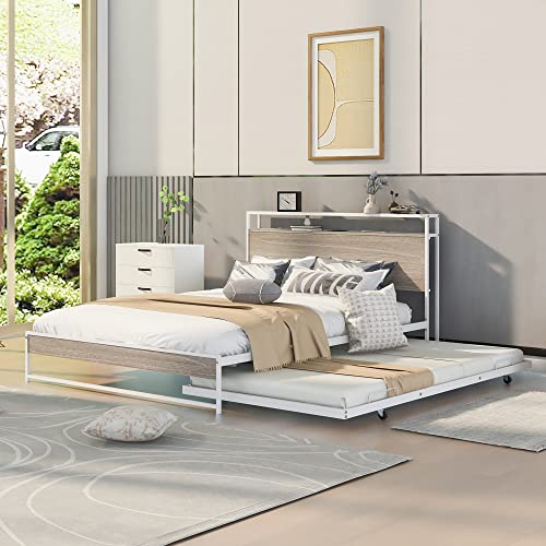 Queensize Platform Bed Frame with Trundle and USB Ports
