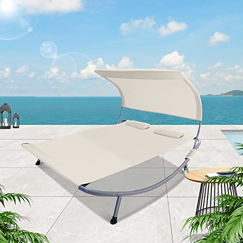 QZEN Outdoor Double Chaise Lounge with Canopy and Wheels