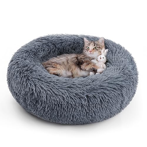 Rabbitgoo Fluffy Round Cat Bed, Machine Washable, Non-Slip, Dark Grey, Medium