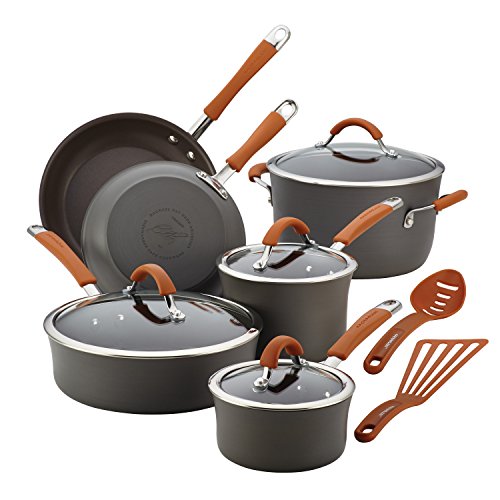 Rachael Ray Cucina 12-Piece Cookware Set in Gray with Orange Handles