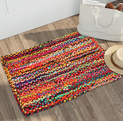 Multi-colored Cotton 2x3 ft Braided Chindi Area Rug" - Goroly Home