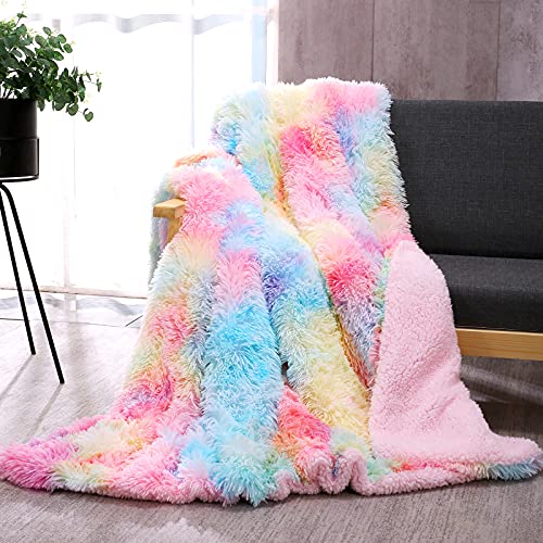 Rainbow Faux Fur Throw Blanket