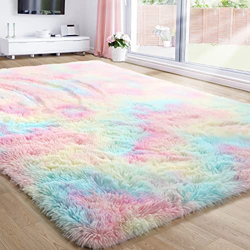 Rainbow Fluffy Rugs for Girls Bedroom