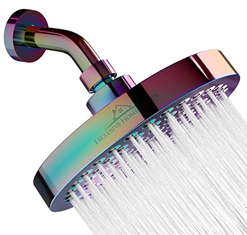 Rainfall Shower Head - 6" High Pressure Shower Heads - 2.5 GPM Shower Heads with Anti-Clog 90 Rubber Jets - 360° Rotation Adjustable Shower Head - Rustproof Bathroom Shower Head - Polished Rainbow