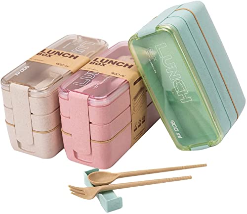 2 Pack Stackable Bento Box Japanese Lunch Box Kit with Spoon & Fork, 3-in-1  Compartment Wheat Straw Meal Prep Containers with Divider for Kids & Adults  (Pink & Green) 
