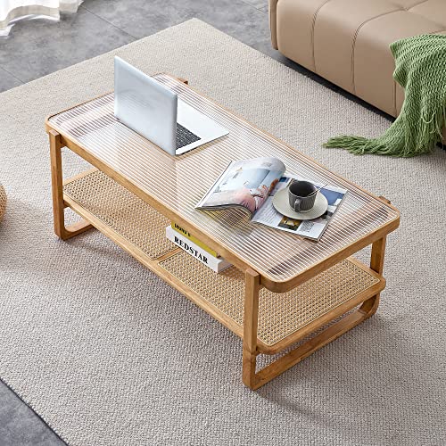 Rattan Coffee Table with Glass Top and Storage Shelf
