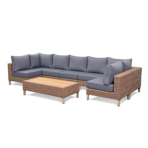 RattanPark 8 Piece Patio Furniture Set, All-Weather Wicker Couch Sofa with Teak Coffee Table and Cushions (Sunlit, Gray)