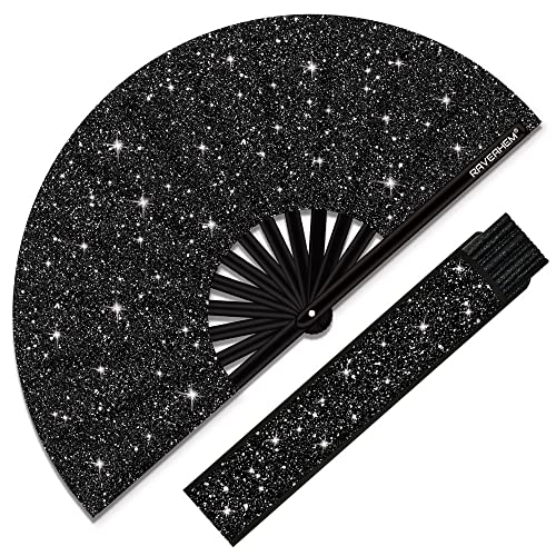 Raveahem Glitter Large Folding Hand Fan for EDM and Festivals (Black)