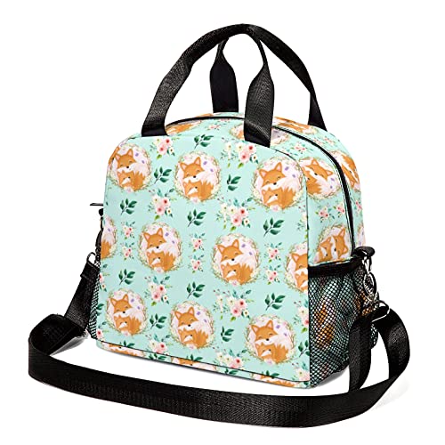 Rcekvoh Cute Fox Insulated Lunch Bag Women Girls Waterproof Lunch Box Freezable Lunch Tote Bag for Work Picnic with Adjustable Shoulder Strap Mesh Pocket