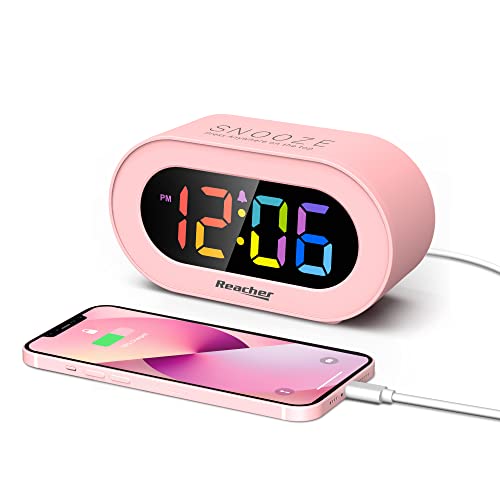 REACHER Pink Girls Alarm Clock with LED Display and USB Charger