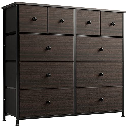 10 Drawer Faux Leather Dresser with Wooden Top - Rustic Brown