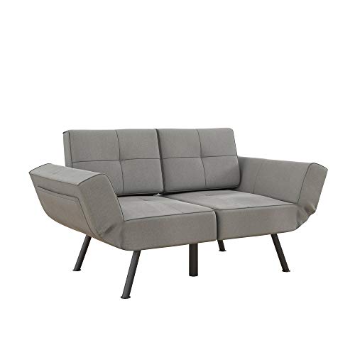 REALROOMS Euro Upholstered Tufted Loveseat Futon with Storage Pockets, Light Gray Linen