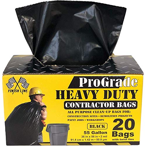 Reli. ProGrade Contractor Trash Bags 55 Gallon | 20 Bags w/Ties | Heavy Duty | 2 Mil | Black | Construction