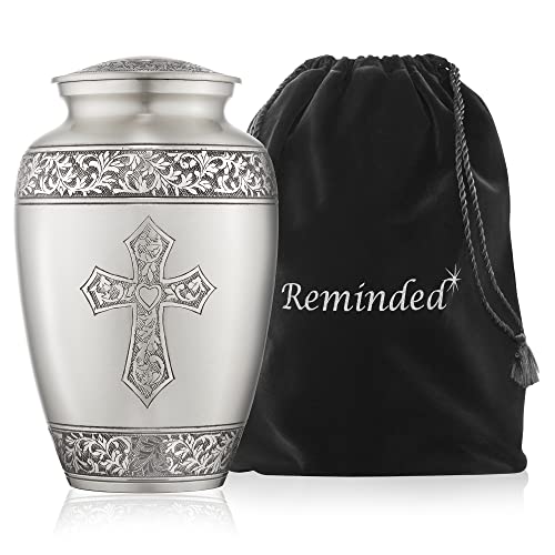 Pewter Etched Cross Brass Adult Cremation Memorial Urn with Velvet Bag
