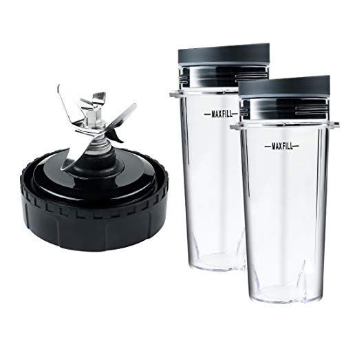 [Design for SS101] Blender Replacement Parts for Ninja SS101, 24 oz.  Single-Serve Cups Kit with To-Go Lids (2 Pack) with 7 Fins Blade, Fits  SS100