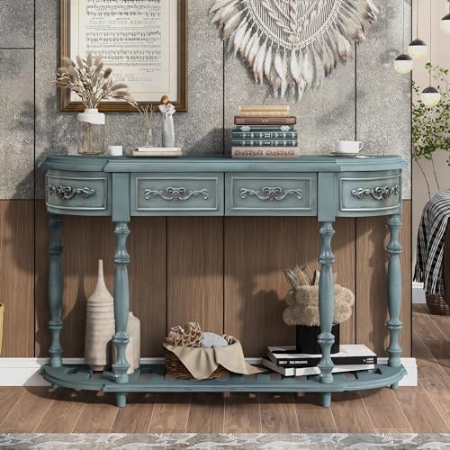 Retro Curved Console Table with Storage Drawers, Antique Blue