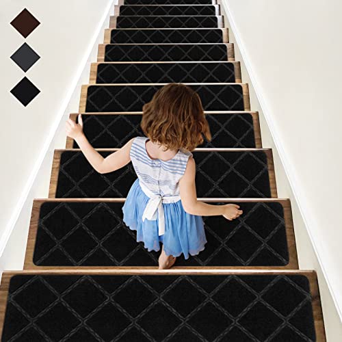 RIOLAND Non-Slip Stair Treads Carpet, Diamond Black 8" X 30"