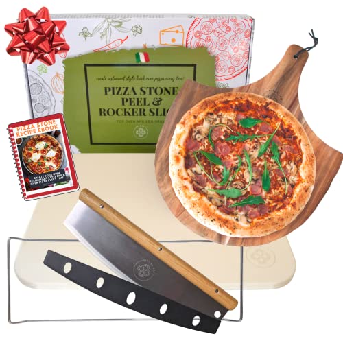Ritual Life Pizza Stone with Wooden Pizza Peel Paddle & Pizza Cutter Set