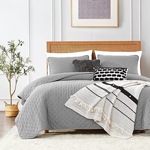 ROARINGWILD Light Grey Queen Size Quilt Bedding Sets with Pillow Shams, Lightweight Bedspread Coverlet, Quilted Blanket Thin Comforter Bed Cover, All Season Summer Spring, 3 Pieces, 90x90 inches