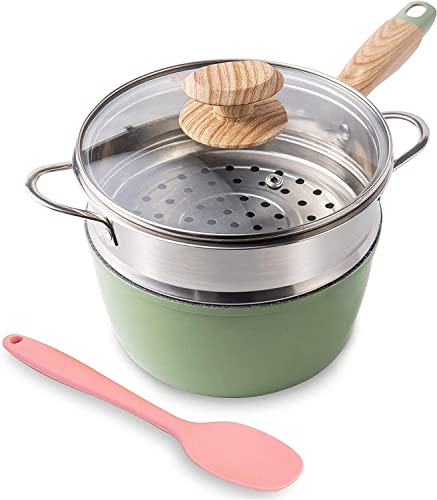 ROCKURWOK 2.5 Quart Green Nonstick Saucepan with Steamer