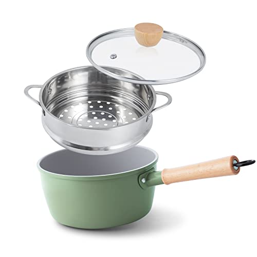 SLOTTET Tri-Ply Whole-Clad Stainless Steel Saucepan with Steamer,2.5 Qt  Small Multipurpose Pot with Pour Spout,Strainer Glass Lid, 2 Quart Sauce  Pan