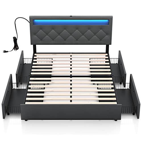 Rolanstar Queen Bed Frame with LED Lights and USB Ports