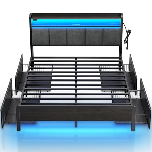 Rolanstar Queen Size Bed Frame with Storage and LED Lights