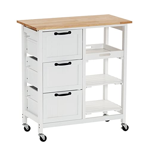 Rolling Kitchen Storage Cart with Drawers and Solid Wood Top