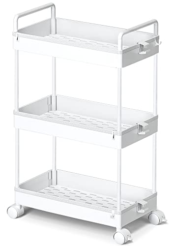 Laiensia 3-Tier Storage Cart,Multifunction Kitchen Storage Organizer,Mobile  Shelving Unit Utility Rolling Cart with Lockable Wheels for