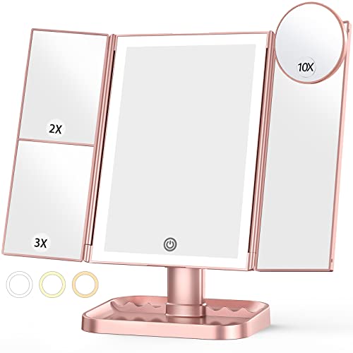 Rose Gold Makeup Mirror with 10X Magnifying Mirror - Touch Control, Dual Power Supply