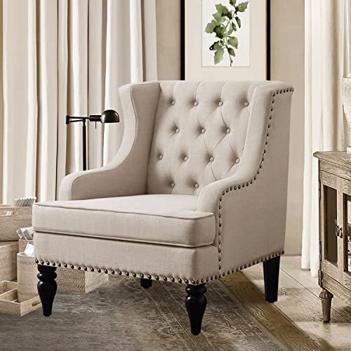 Rosevera Emmie Accent Chairs, Upholstered Armchair,Linen Fabric Comfy Reading Seat Lounge for Living Room Bedroom Apartment,Easy Assembly, Natural