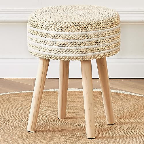 Round Natural Seagrass Foot Stool Pouf Ottomans with Solid Wood Legs
