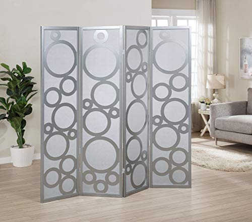 Roundhill Furniture Arvada 4-Panel Wood Room Divider with Circle Pattern, Silver