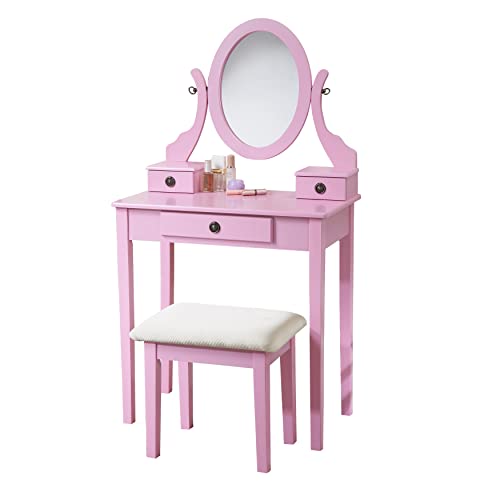Roundhill Furniture Moniys Moniya Pink Wood Makeup Vanity Table and Stool Set