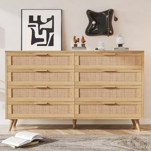 Rovaurx 8 Drawer Double Dresser for Bedroom, Rattan Chest of Dressers, Modern Wooden Dresser Chest with Golden Handles, Beside Table for Closet, Living Room and Entryway, Natural RDG003M
