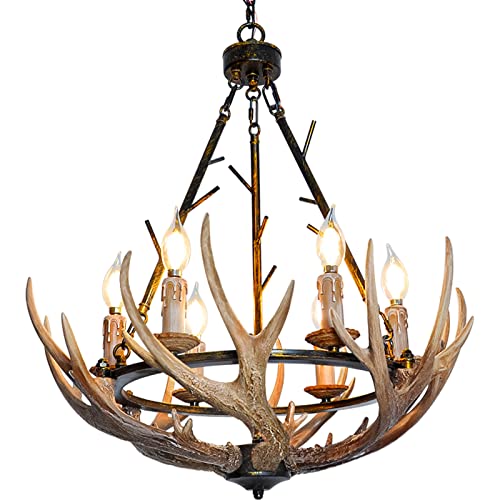 Rustic Antler Chandelier 6 Lights, Farmhouse Chandeliers with Resin 6 Antlers and Retro Metal Wagon Wheel Chandelier Vintage Style Decor for Dining Room, Kitchen, Living Room, Cabin UL Listed