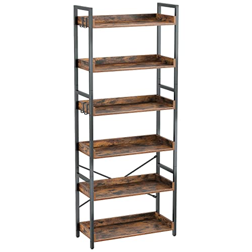 Rustic Bookshelf with Hooks and Open Shelves