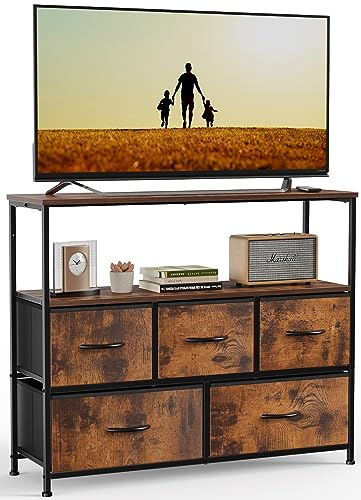 Rustic Brown Dresser TV Stand with 5 Fabric Drawers