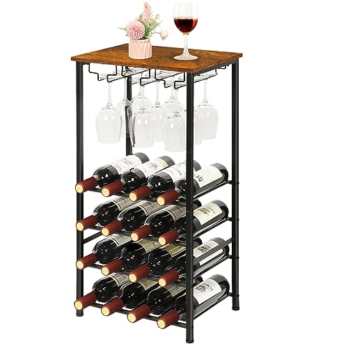 Rustic Brown Wine Rack with Glass Holder